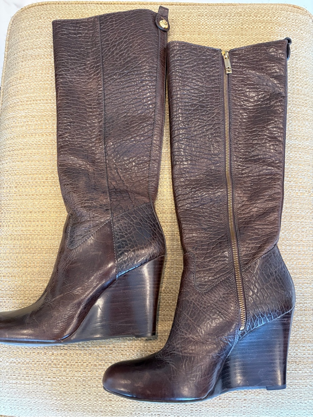 Tory Burch Dark Brown Textured Leather Wedge Boots